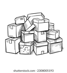 Vector Hand Draw, Pile of Cardboard Box, Black and White Line art