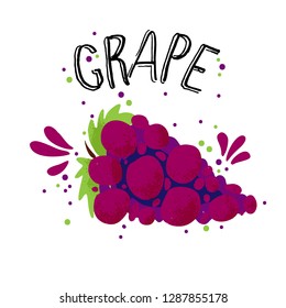 Vector hand draw red grape illustration. Blue grapes with juice splash isolated on white background. Textured grape with splashes, juice tropical fruit with word Grapes on top. Fresh textured