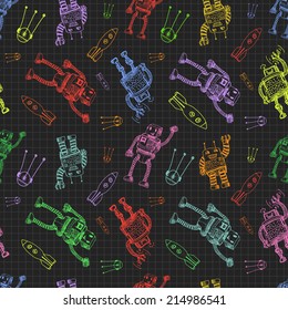 Vector hand draw robot color seamless background. Eps10
