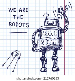 Vector hand draw robot on exercise book. Eps10