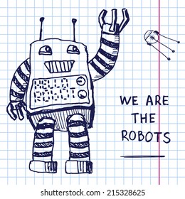 Vector hand draw robot on exercise book. Eps10