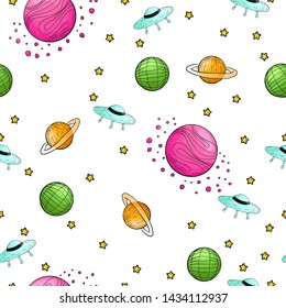 Vector hand draw seamless pattern with childish cosmos elements planets, moon, rockets and stars with abstract shape. Repeater background with asteroids, satellite and spaceship in cartoons style