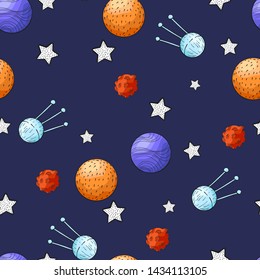 Vector hand draw seamless pattern with childish cosmos elements planets, moon, rockets and stars with abstract shape. Repeater background with asteroids, satellite and spaceship in cartoons style