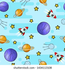 Vector hand draw seamless pattern with childish cosmos elements planets, moon, rockets and stars with abstract shape. Repeater background with asteroids, satellite and spaceship in cartoons style