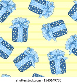 Vector hand draw seamless pattern with blue gifts boxes with stars and pastel blue bow ribbon with dots on pastels yellow background with yellow stripes in cartoons style.