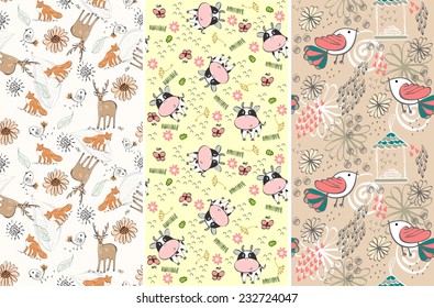 vector hand draw seamless pattern with  birds and animals.