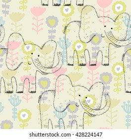 vector hand draw seamless pattern with elephant