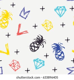 Vector hand draw seamless pattern with diamonds, pineapple
and geometric shapes.  Background for printing brochure, poster, textile design, wear. Modern trendy graphic design for hipsters.