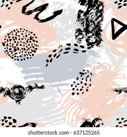 Vector hand draw seamless pattern with abstract geometric shapes in memphis style. Summer background for printing brochure, poster, textile design, wear. Modern trendy graphic print for hipsters.