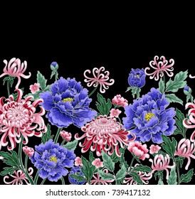 Vector hand draw seamless pattern of  chrysanthemum and peonies. For dress design, print or other.