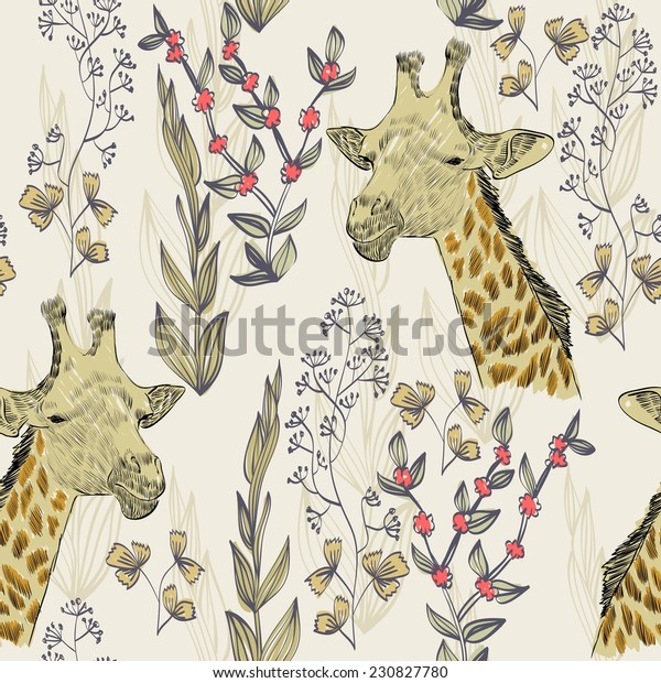 Vector hand draw seamless pattern with giraffe