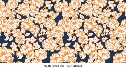 Vector hand draw silhouette, abstract, artistic flowers pattern. Floral tapestry. Shadow flowrers.  Blooming spring or summer meadow seamless background. Template for design, textile, fashion, print,