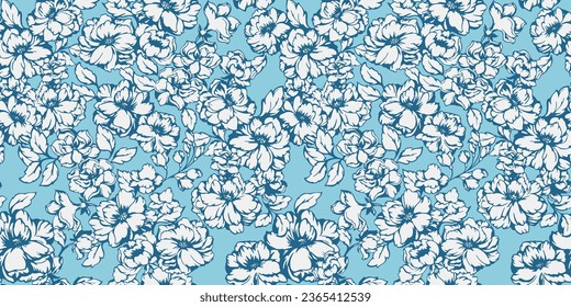 Vector hand draw silhouette, abstract, artistic flowers pattern. Floral tapestry. Shadow blue flowers.  Blooming spring or summer meadow seamless background. Template for design, textile, fashion