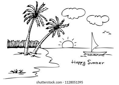 vector hand draw sketch beach with coconut tree, sun, cloud, boat and grass