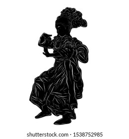 Vector Hand Draw Sketch and Black Silhouette Kembang Tarub Traditional Betawi Old Jakarta Indonesia Traditional Dancer, isolated on white
