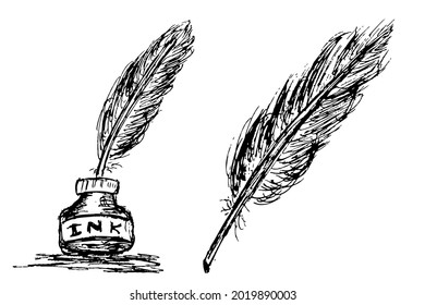 Vector hand draw sketch of black feather and ink in the bottle
