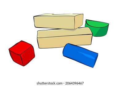 Juguetes de madera del bloque de construcción del dibujo de la mano del vector
