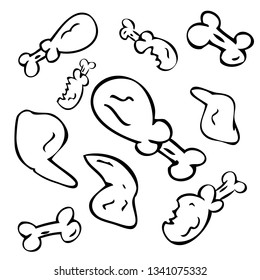 Vector Hand Draw Sketch chicken leg, wing and Bone, isolated on white
