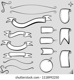 vector hand draw sketch of classic ribbon, label, tag, floral and border

