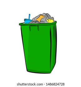 Vector hand draw sketch, colorful Full and Dirty Trash bin with shadow at white background
