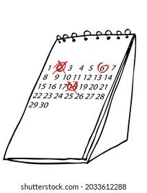 Vector Hand Draw Sketch Of Desk Calendar With Red Marked, Illustration For Reschedule Or Delay Appointment
