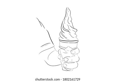 Esbozo de dibujo de mano de vectores, cono de crema de hielo de mano, aislado en blanco