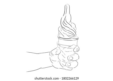 Vector Hand Draw Sketch, Hand Holding Ice Cream Cone, isolated on white