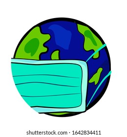 Vector, Hand Draw Sketch, Illustration for Virus and Bacterial Disease, Earth Using N95 Mask, Isolated on White
