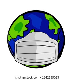 Vector, Hand Draw Sketch, Illustration for Virus and Bacterial Disease, Earth Using N95 Mask, Isolated on White
