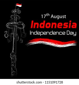 vector hand draw sketch Indonesia Independence day with panjat pinang (climb tree), one of famous game at that celebration