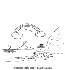 vector hand draw sketch of karang bolong beach, west java indonesia