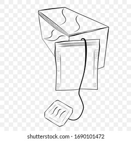 Esbozo de dibujo a mano del vector, bolsa de té instantáneo y caja en blanco, con efecto transparente Fondo
