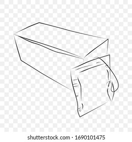 Esbozo de dibujo a mano del vector, bolsa de té instantáneo y caja en blanco, con efecto transparente Fondo
