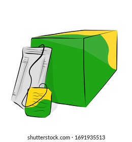 Esbozo de dibujo a mano de vectores, bolsa de té instantáneo y caja falsa, aislada en blanco
