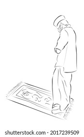 Esbozo de dibujo de mano de vectores, musulmán o islam, usando máscara, shalat o rezar en la alfombra de oración
