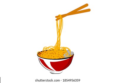 Vector Hand Draw Sketch, Noodle Meat Ball at Red Bowl and Chopstick 
