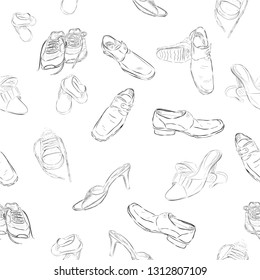 Vector hand draw sketch Pattern seamless background man, woman and children shoes
