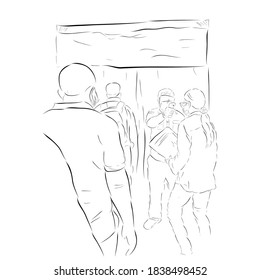 Vector Hand Draw Sketch, Queues People, Body Temperature Check Before Entering Desinfectant Chamber, health protocols during a pandemic Covid-19
