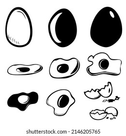 Vector hand draw sketch set of raw and sunny side up chicken egg
