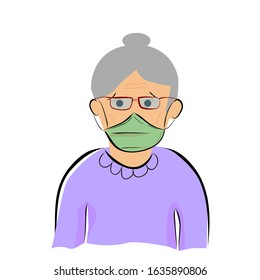 Vector, Hand Draw Sketch, Sick Old Woman using Mask, Isolated on White

