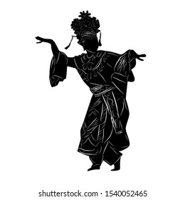 Vector Hand Draw Sketch and silhouette of Young Girl Traditional West Java, Sunda  Indonesia 
