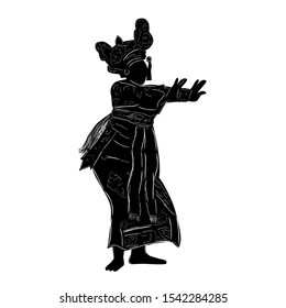 Vector Hand Draw Sketch and Silhouette of Young Girl Traditional Bali Indonesia 
