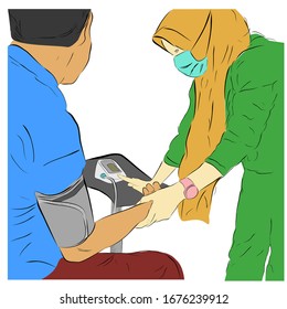 Vektorhandskizze, sitzender Mann, der eine medizinische Untersuchung durchführt, durch Verwendung von Hijab und Maske Ständiger Krankenschwester
