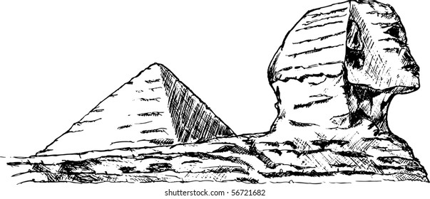 vector - hand draw  sketch sphinx with pyramid