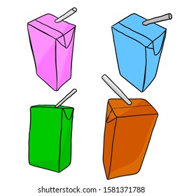 Vector, Hand Draw Sketch, three different perspective and red, blue, pink, green, dan brown, of UHT drink with straw, isolated on white background
