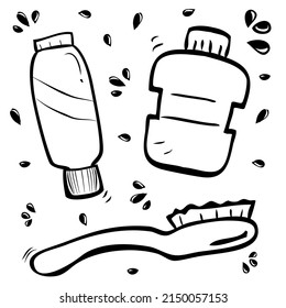 Vector Hand Draw Sketch Of Tooth Paste, Brush And Mouth Wash, Isolated On White
