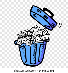 Vector Hand Draw Sketch of white used and crumpled paper at Blue trash bin at transparent effect background
