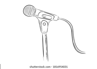 vector hand draw sketch wired microphone at stand, Isolated on White
