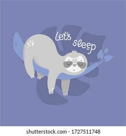 Vector hand draw sloth sleeping in the jungle. Cute animal illustration. Let`a sleep design