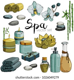 Vector hand draw SPA set. Candles, bottles, soap, flowers, cream, stones, towel